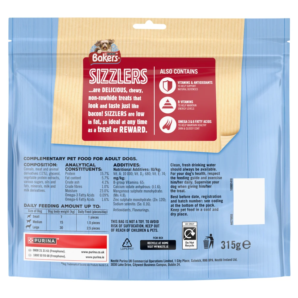 Bakers Sizzlers Bacon Dog Treats 315g - Image 2