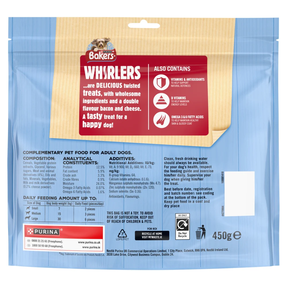 Bakers Whirlers Bacon & Cheese Dog Treats 450g - Image 2