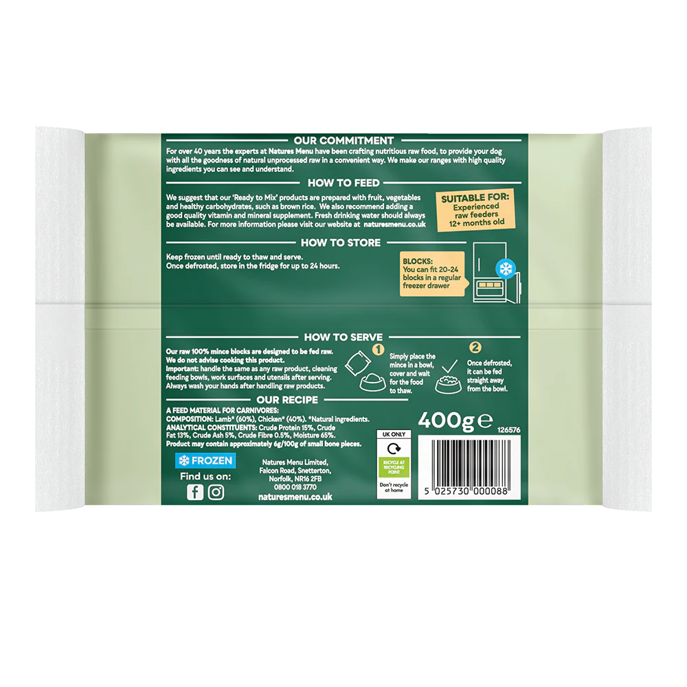Natures Menu Dog - Frozen Just Lamb & Chicken Mince 400g - Image 2
