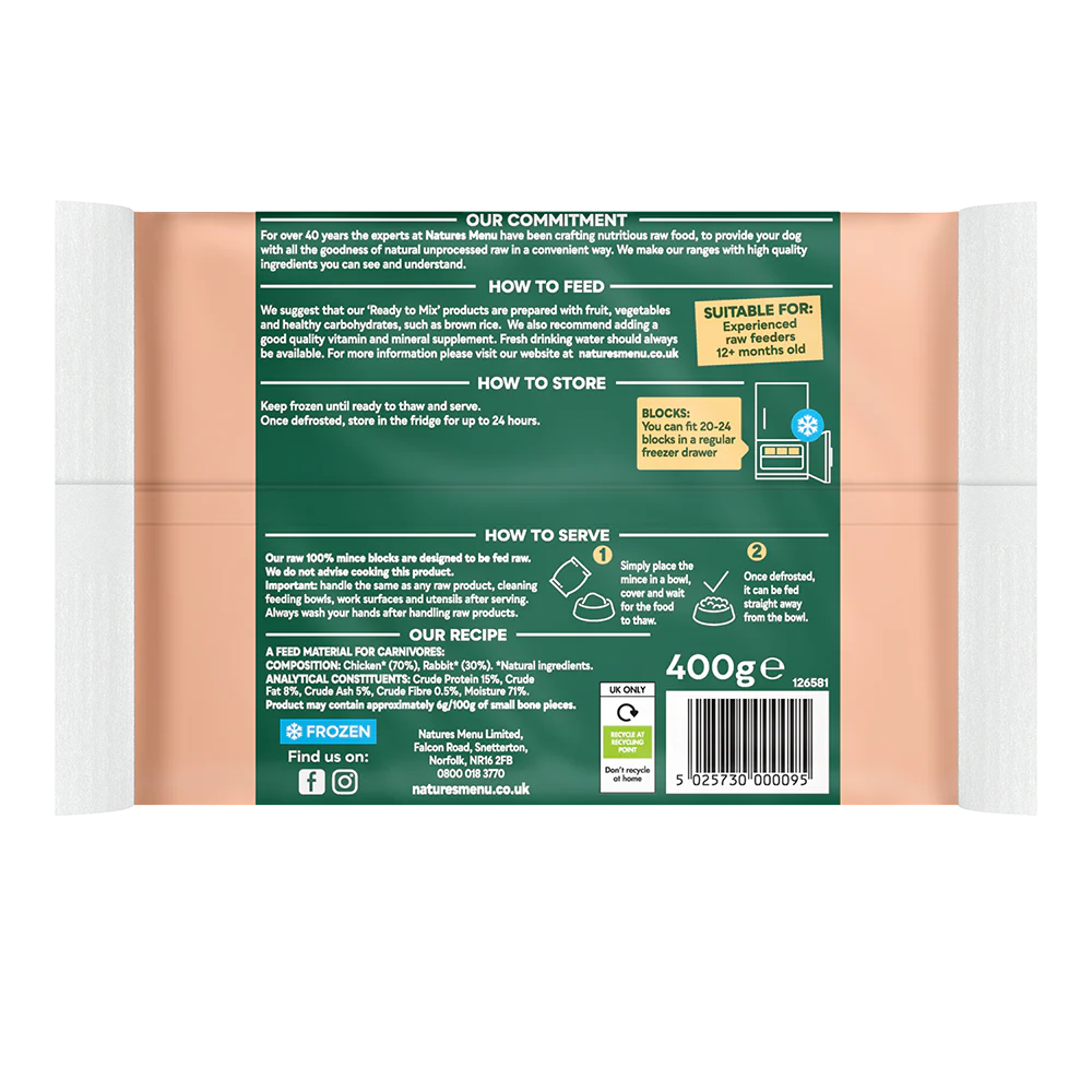Natures Menu Dog - Frozen Just Mince Chicken & Rabbit 400g - Image 2