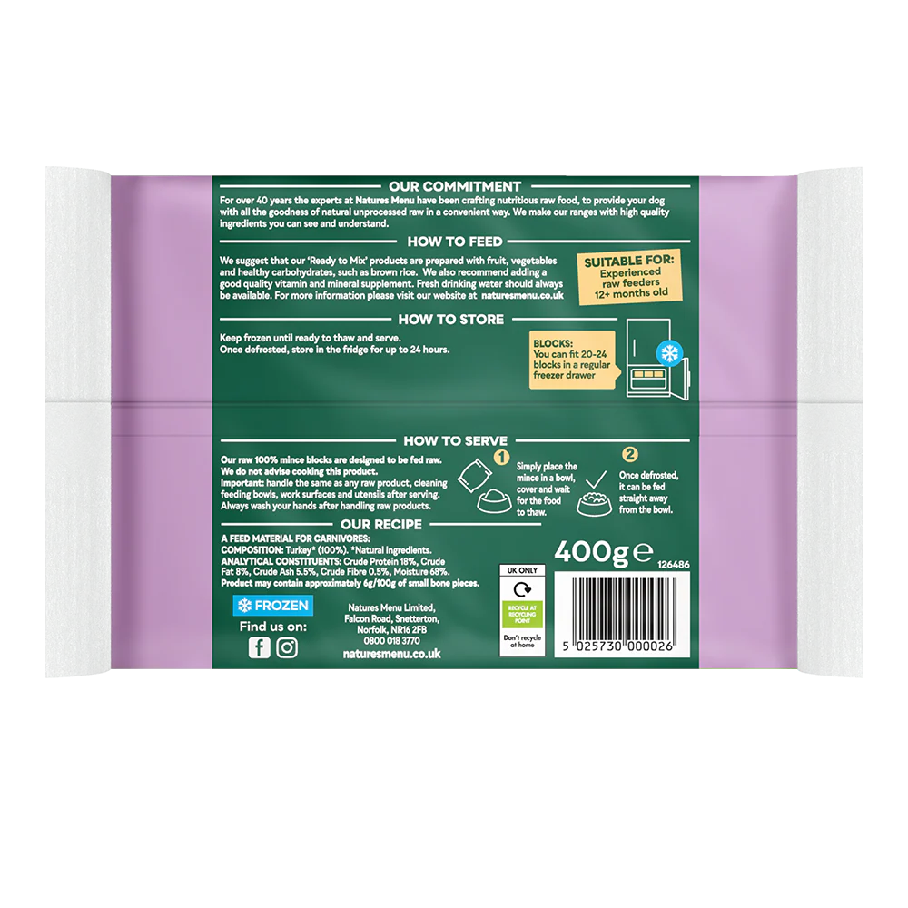 Natures Menu Dog - Frozen Just Mince Turkey 400g - Image 2