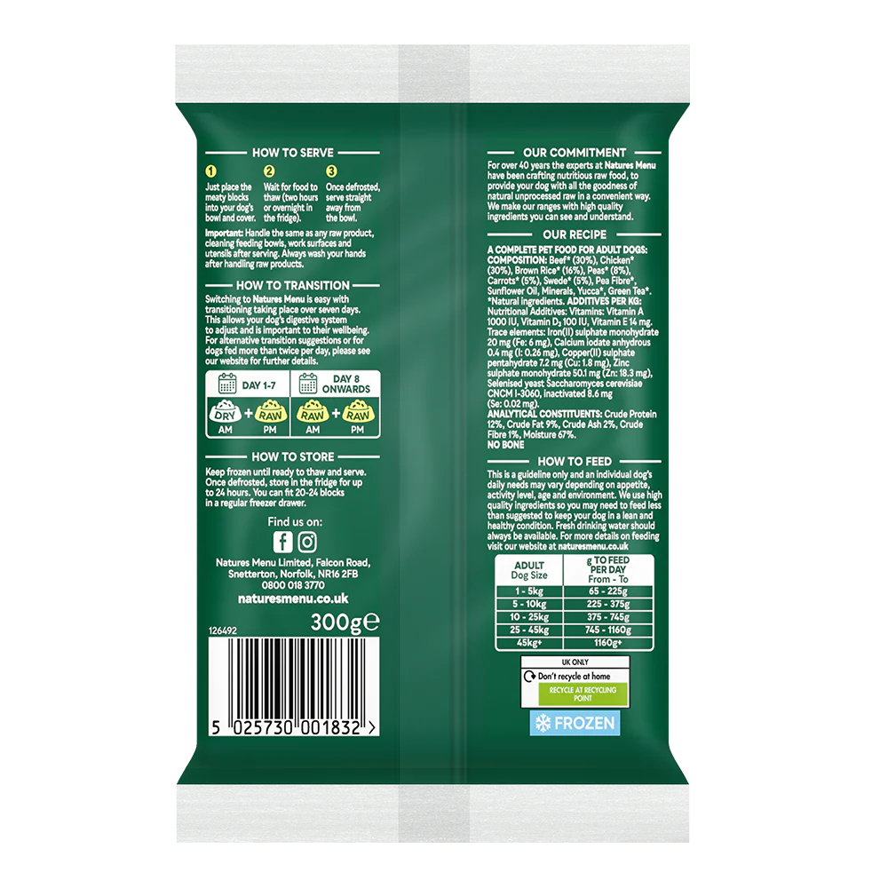 Natures Menu Dog - Complete & Balanced 60/40 Beef & Chicken Block 300g - Image 2