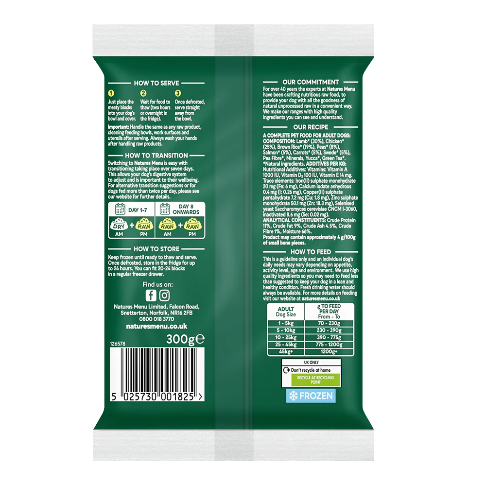 Natures Menu Dog - Complete & Balanced 60/40 Lamb & Chicken Block 300g - Image 2
