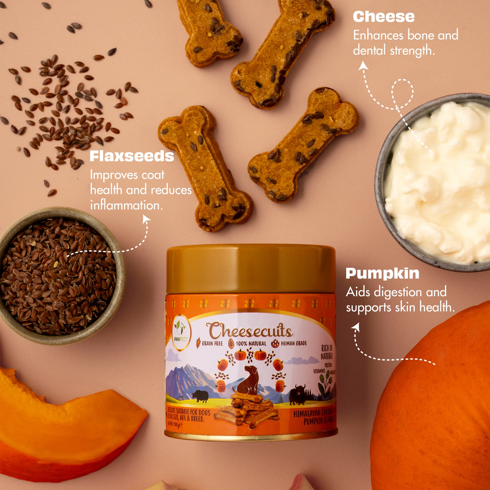 Pawfect Cheesy Dog Biscuits Pumpkin & Flaxseed Cheesecuits 100g - Image 2
