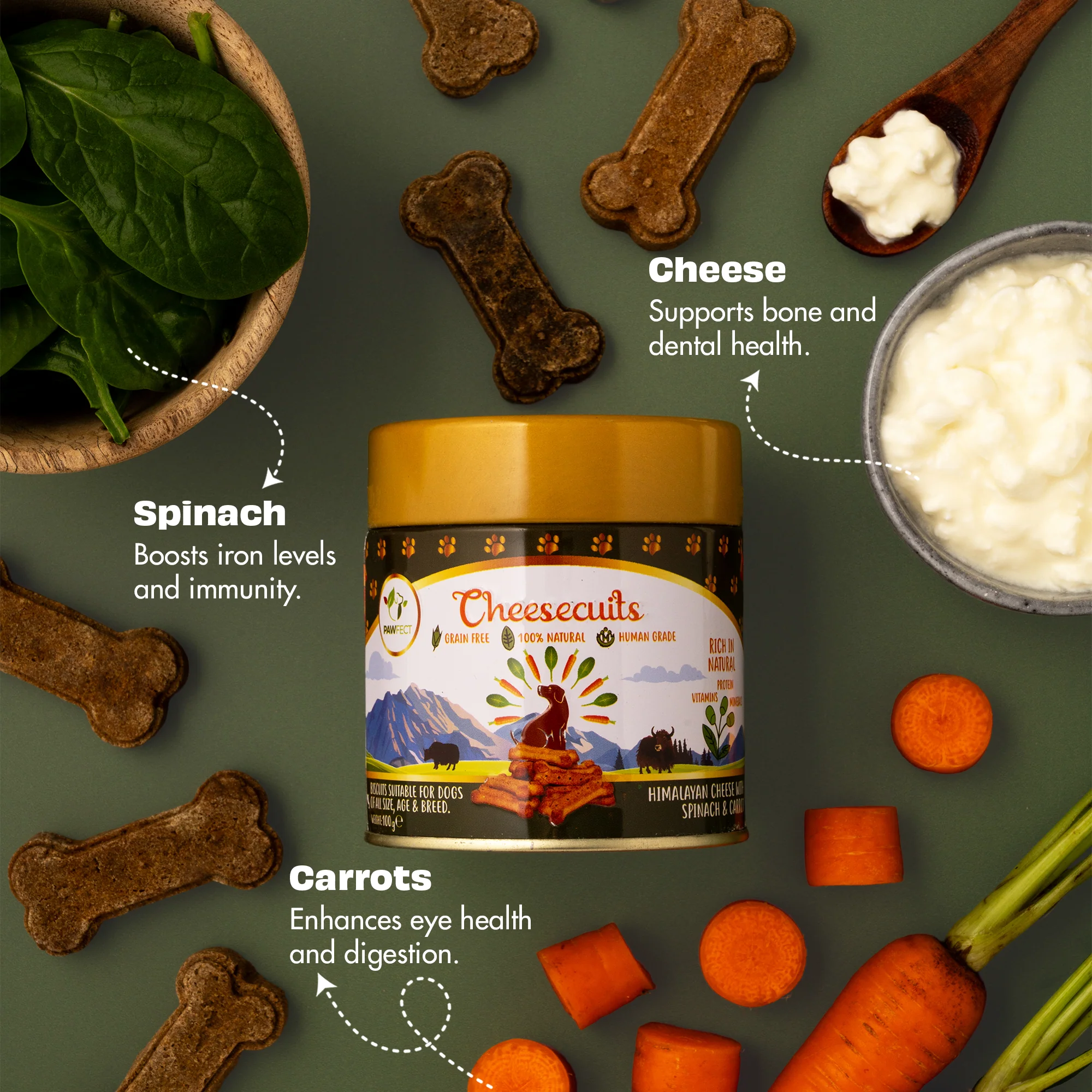 Pawfect Cheesy Dog Biscuits Spinach & Carrot Cheesecuits 100g - Image 2