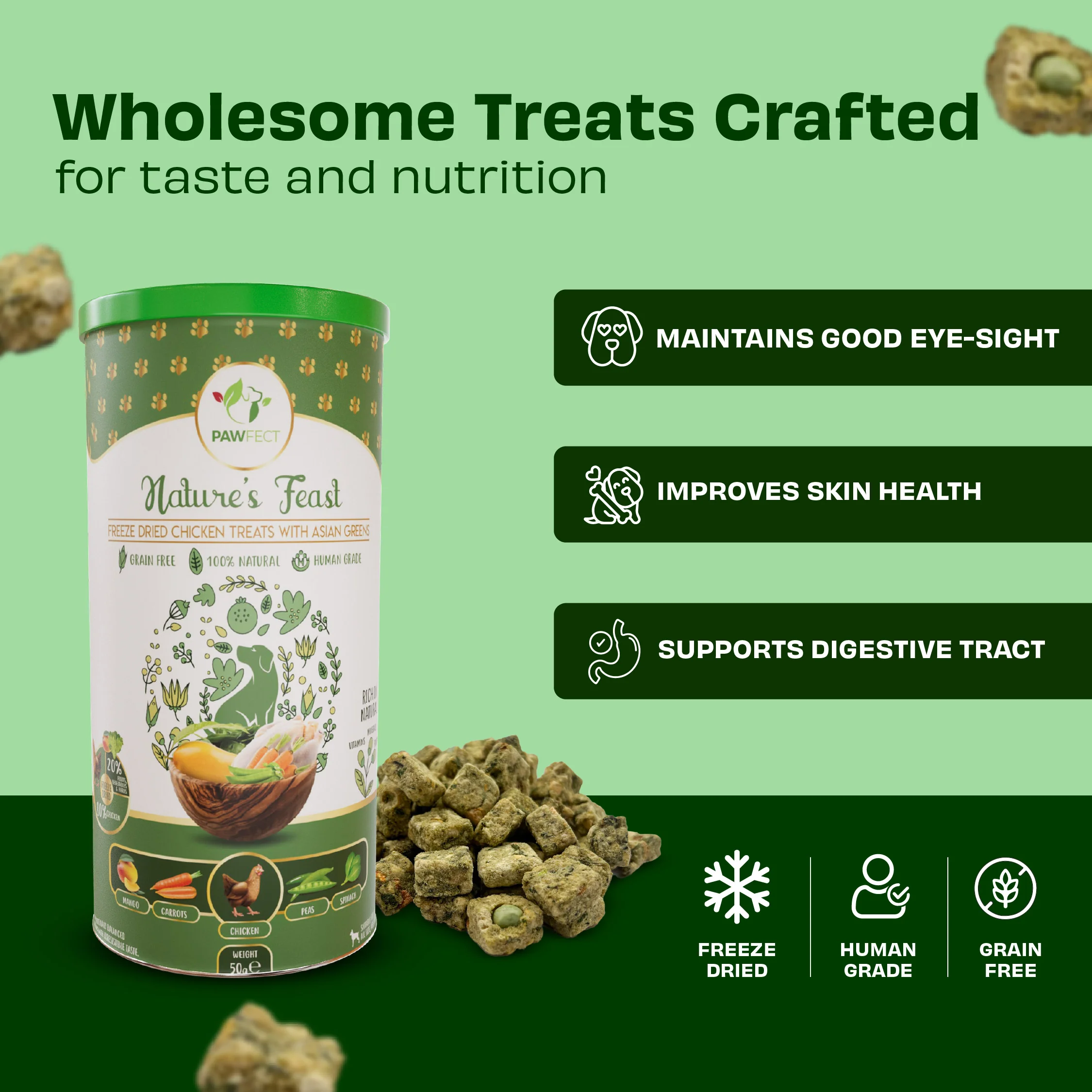Pawfect Nature's Feast Freeze Dried Dog Treats Chicken With Asian Greens 50g - Image 2