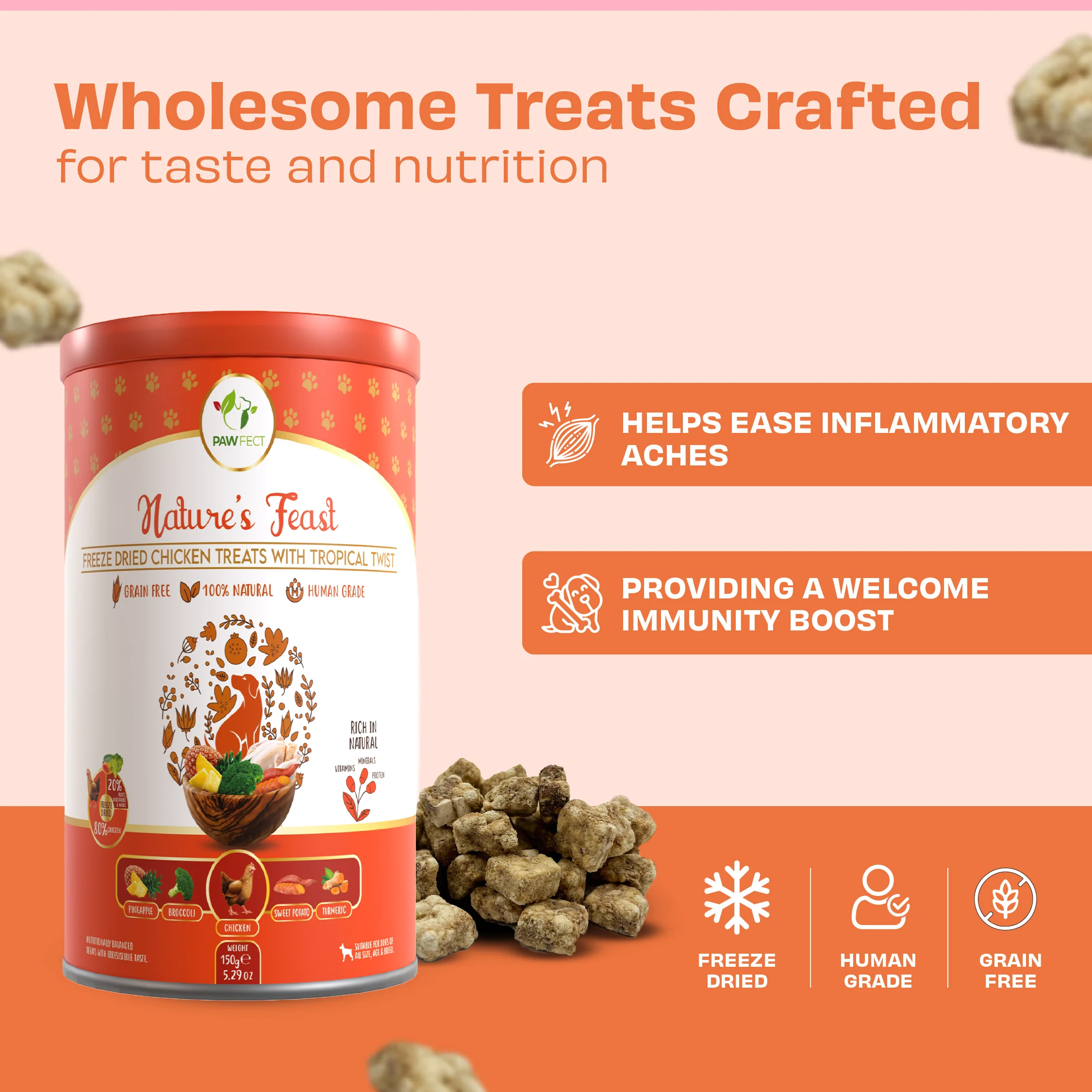 Pawfect Nature's Feast Freeze Dried Dog Treats Chicken With Tropical Twist 150g - Image 4