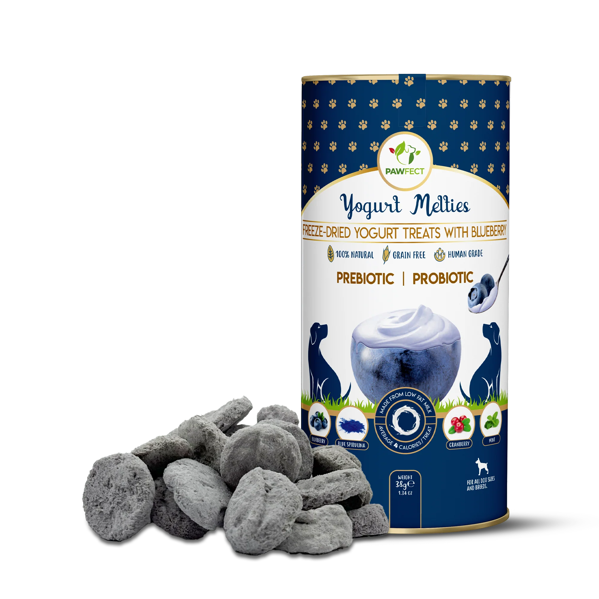 Pawfect Yogurt Melties Pre and Probiotic Dog Treats with Blueberry, Cranberry, Blue Spirulina & Mint 38g