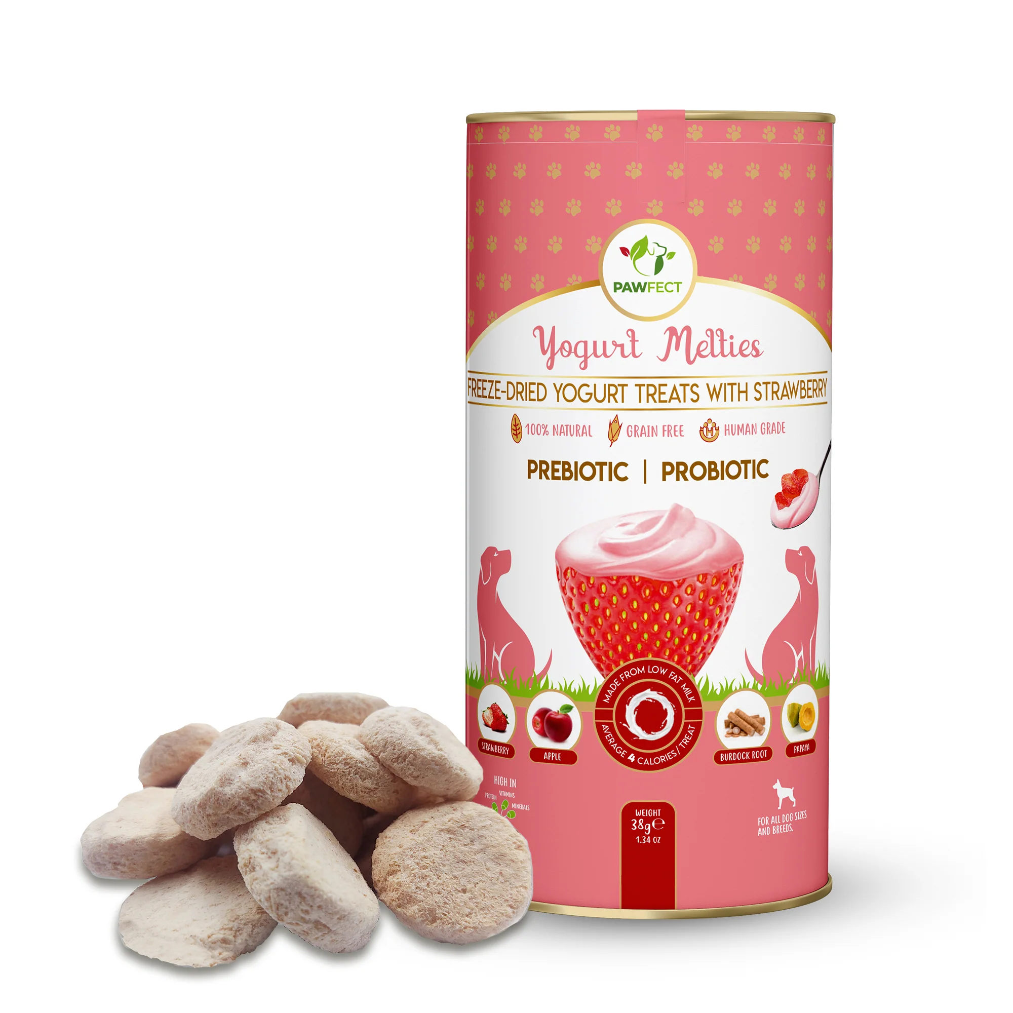 Pawfect Yogurt Melties Pre and Probiotic Dog Treats with Strawberry, Apple, Papaya & Burdock Root 38g