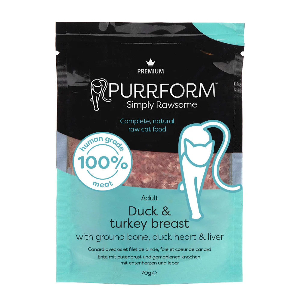 PurrForm Premium Duck with Turkey Breast & Ground Bone with Duck Heart & Liver Pouch 6x70g - Image 2