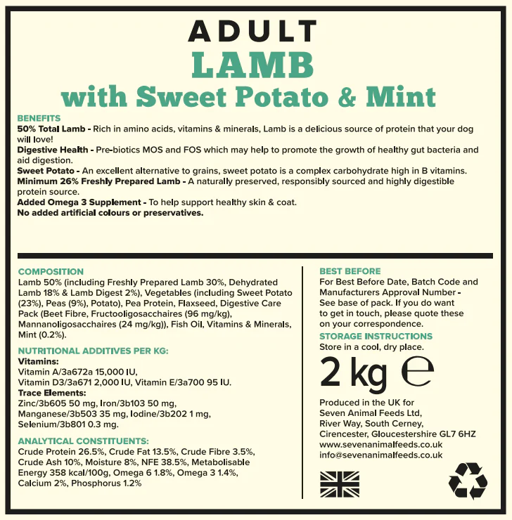Seven Dog - Adult Lamb with Sweet Potato & Mint Grain Free 2kg - Image 2