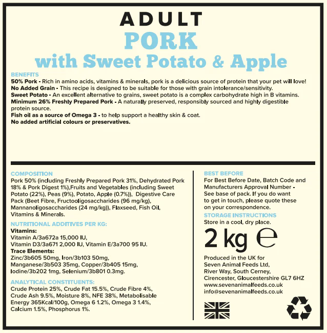 Seven Dog - Adult Pork with Sweet Potato & Apple Grain Free 2kg - Image 2