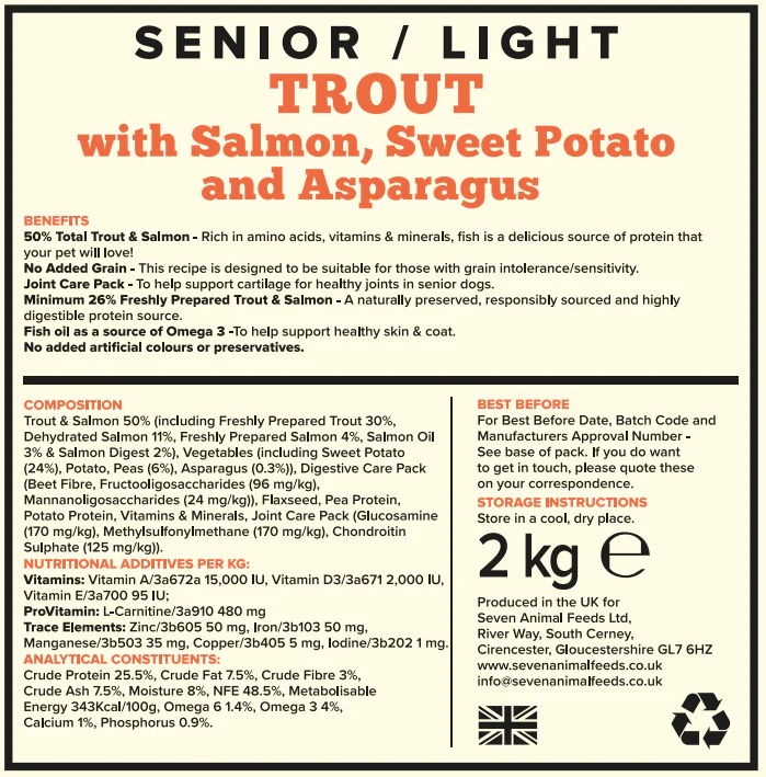 Seven Dog - Senior / Light Trout & Salmon with Sweet Potato & Asparagus Grain Free 2kg - Image 3