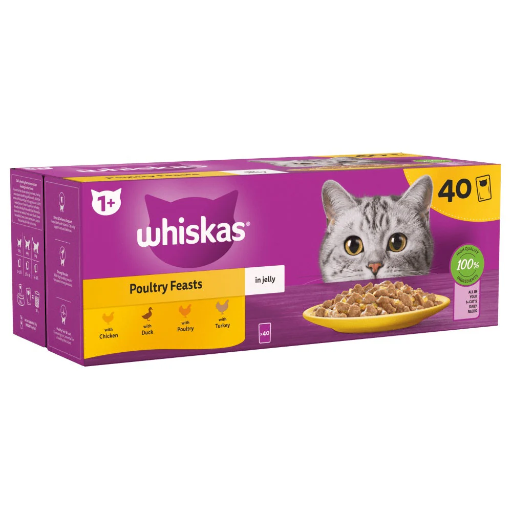 Whiskas 1+ Poultry Feast In Jelly Adult Wet Cat Food Pouches 40x85g